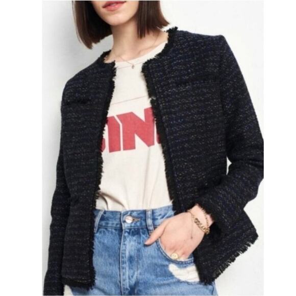 Anine Bing Tweed Navy Blue Gold Fringed Raw Hemline Jacket Blazer Size Small - Picture 4 of 16